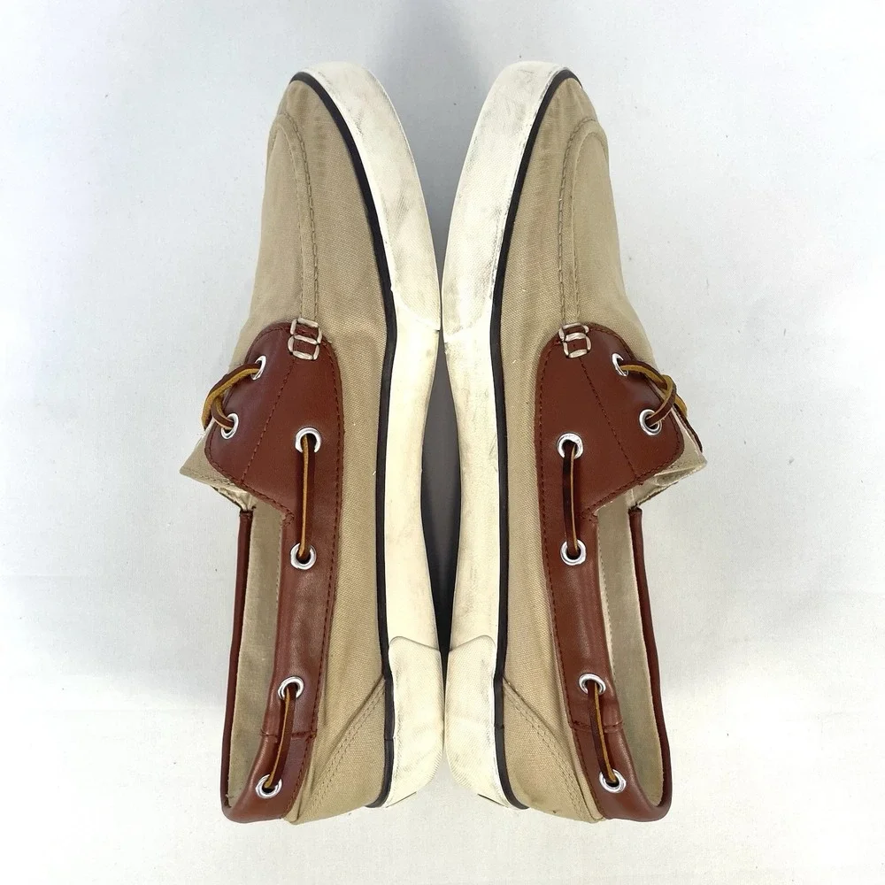 Polo Ralph Lauren Rylander Boat Shoes Beige Canvas Leather Mens 12D